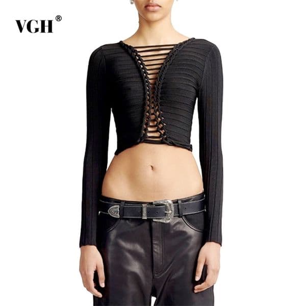 Casual Slim T Shirt For Women O Neck Long Sleeve Hollow Out Striped Sexy Knitted Weave Shirts Female Fashion Clothing 210531