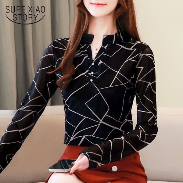 Blusas Mujer De Moda Chiffon Blouse Shirt Black Long Sleeve Top Koren Button Geometric V-Neck Ladies Tops Plus Size 8117 50 210415