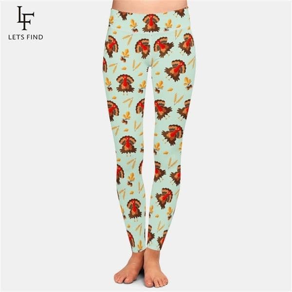 LETSFIND 3D Thanksgiving Turkey Print Leggings High Waist Plus Size Elastic Workout Fashion Casual Women Pants 211204