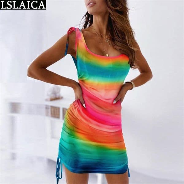 Colorful Dress Women Summer Fashion Tie Dye Sleeveless Drawstring Female Mini Pleated Sexy Club Sundress Vestidos 210515