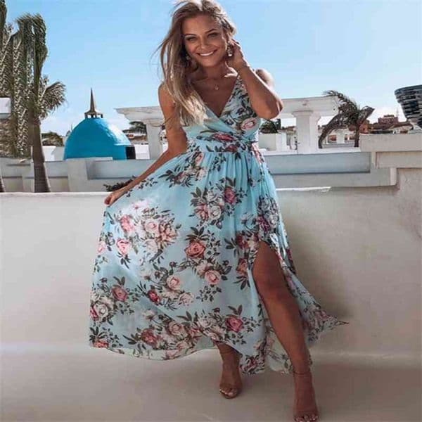 Summer Boho Floral Maxi Dress Women Sexy V-neck Sleeveless Slit Pink Long Dress Beach Party Dresses Sundress Robe Femme 210331