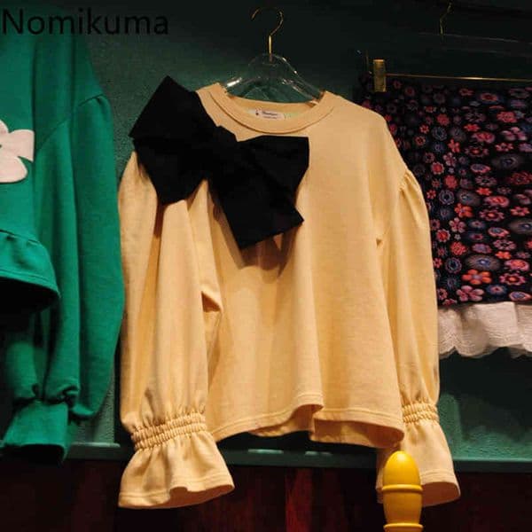 Nomikuma Korean Sweet Bowknot O-neck Pullover Sweatshirt Flare Long Sleeve Causal Pullover Jumper Autumn Women Hoodie 6D030 210427