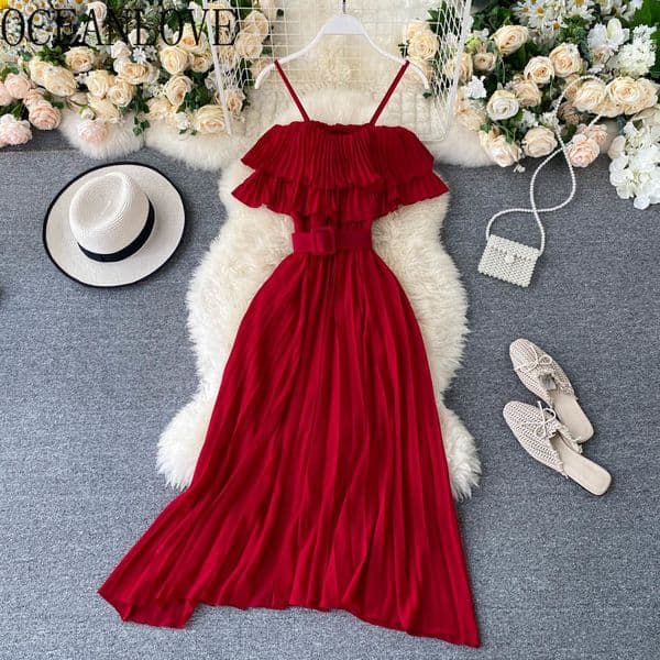 Woman Dress Pleated Solid Vintage Ruffles Sleeveless Sexy Femme Robes Korean Belt Sweet Vestidos A-line 210415