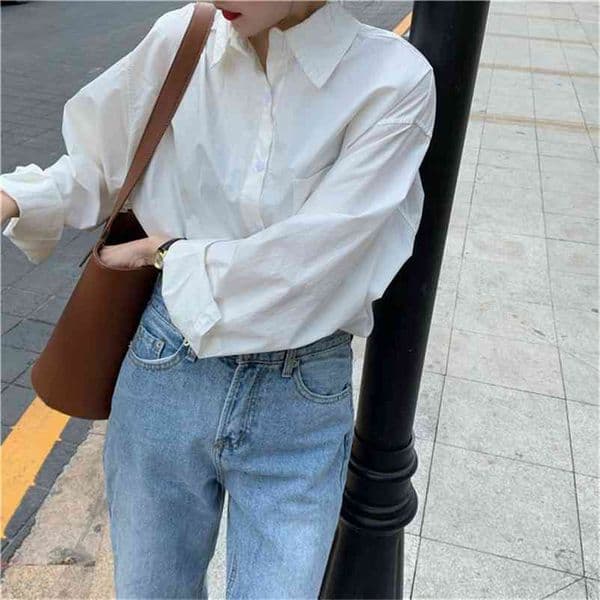 White Solid Chic Basic Brief Fashion Long Sleeve High Quality All Match Loose Tops OL Style Women Blouses Blusas 210421