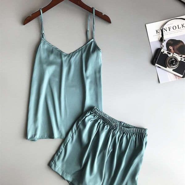 Ice Silk Twinset Korean Solid Color Women Pajamas Camisole Pajama Set Woman Summer Vest Shorts Suit 210928