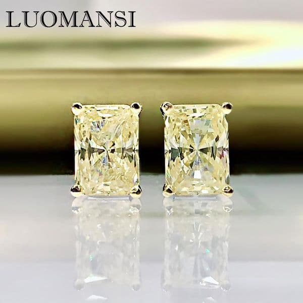 Stud Luomansi 100S925 Sterling Silver Glittering Rectangle White Yellow High Carbon Diamond Earrings Woman Jewelry