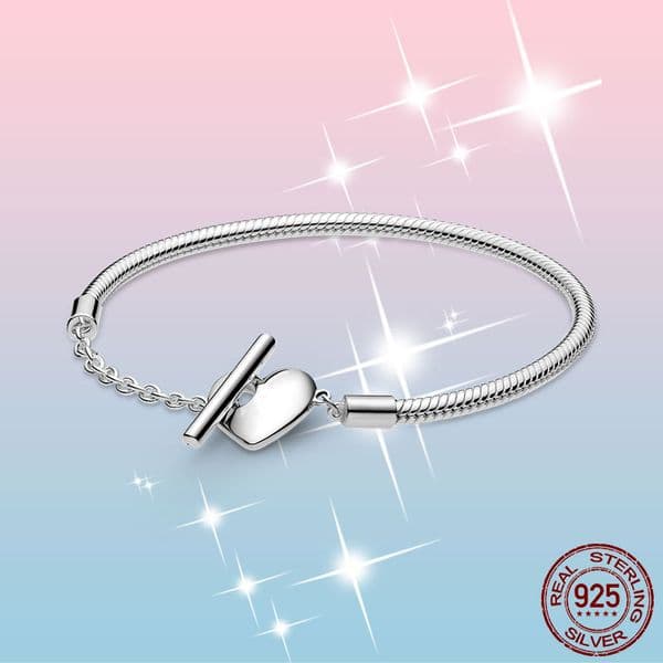 designer Bracelets jewelry Femme Bracelet 925 Sterling Silver Moments Heart T-Bar Snake Chain Bangle for Women Fine Jewelry Gift With Box