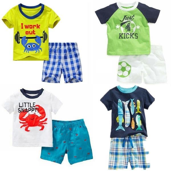 Crab Fish Boy Summer Clothes Set Children 2pcs Clothing Beach Suit Kids Outfit Sport Suit 100% Cotton Tops Pant Tracksuit Jersey 210413