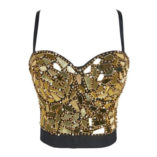 Atoshare Sexy Women Silver Gold Sequin Rhinestone Top Lady Rave Outfit Pearl Glitter Tops Bustier Female Corset Crop Top Strass 210407