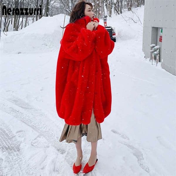 Nerazzurri Oversized red thick warm soft fluffy faux fur coat women raglan long sleeve coats for winter 210928