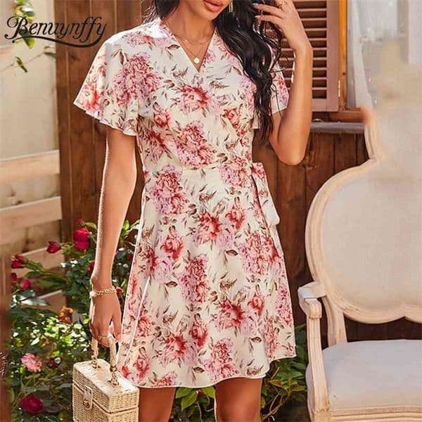 V-neck Tie Waist Wrap Mini Dresses Boho Casual Women Summer Short Sleeve Elegant Floral Print A-Line Dress 210510