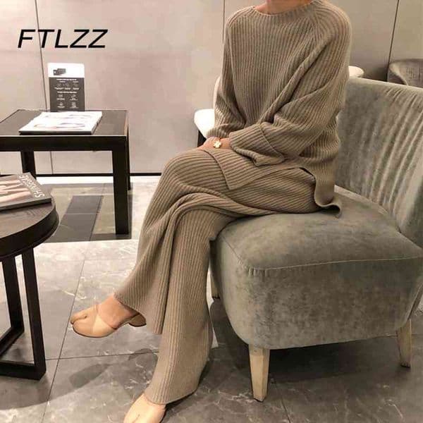 Sweater Two Piece Set Elegant Long Knitted Pullover and Straight Pants Outfits Spring Autumn Woman Tracksuits Clothes 210602