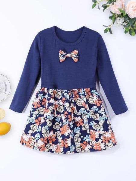 Toddler Girls Floral Bow Front Babydoll Dress SHE