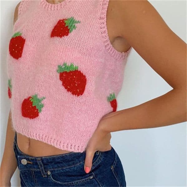 Strawberry Knit Sweater Vest Female Pink Sweet Streetwear Preppy Style Casual Tank Top Y2K Knitwear Vest Sweater Women Waistcoat 210419wtt