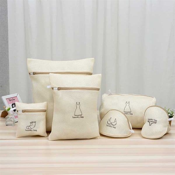 6 pcs/set Beige Mesh Laundry Bag Dirty Clothes Underwear Bra Socks Lingerie Wash Bag for Washing Machine 211112