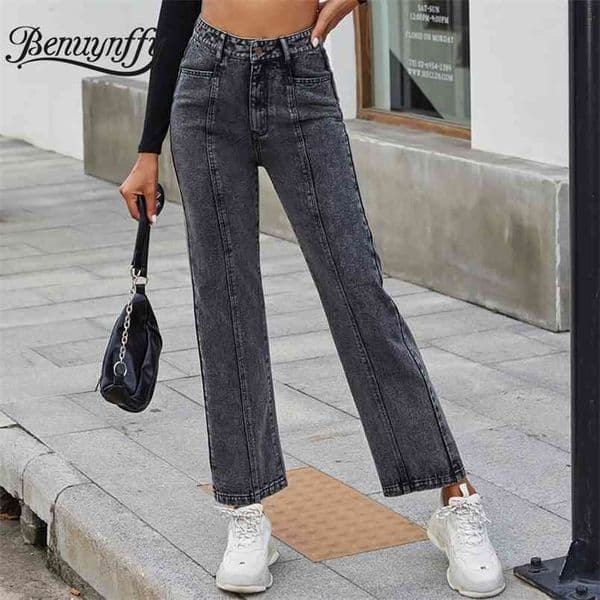 Fashion High Waist Black Jeans Woman Autumn Winter Pockets Full Length Women Casual Wash Straight Pants 210510