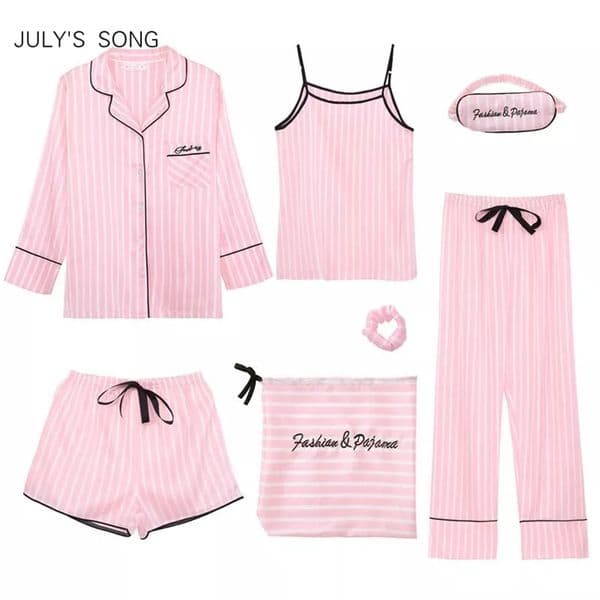JULY'S SONG Pink 7 Pieces Women's Pajamas Sets Faux Silk Striped Pyjama Women's Pajamas Sleepwear Sets Spring Summer Homewear 210924