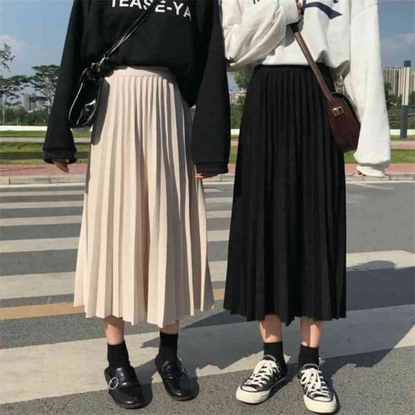 Winter Women Draped Rib Pleated Skirt Elastic High Waist Long Skirt Female Autumn Ladies High Quality Midi Skirt Saia 210412Z