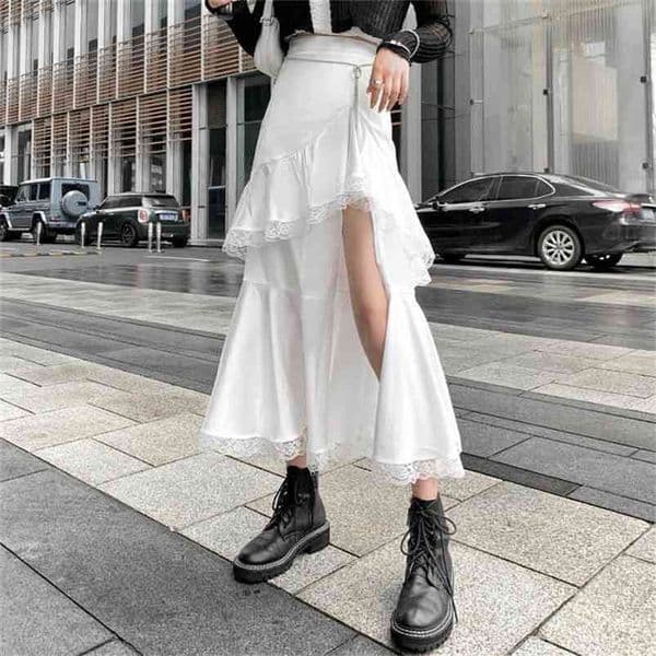 Midi Skirt Women Chic Irregular Harajuku Casual Cool Split Lace Ruffles s Summer Autumn Women's Clothing 210621