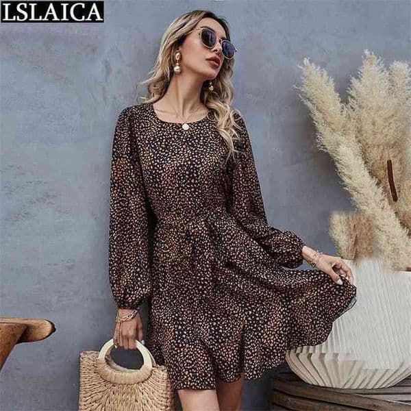 Mini Dress Round Neck Printing Women Clothing Casual Lace Up Lantern Sleeve Fashion A-Line for 210515