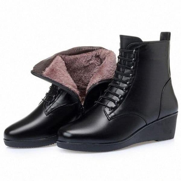 Fashion Top Cowhide Leather Boots Black Shoes Women's Large Size Non-slip Wedges Warm Plush / Wool Winter Snow e7bo#