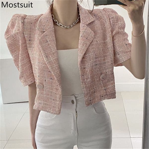 Vintage Korean Women Coat Jacket Summer Short Sleeve Notched Collar One Button Tops Elegant Ladies Coats Femme 210514