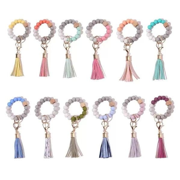 Silicone Beaded Bangle Key chain with Tassel for Women Party Favor Wrist let Key Ring Bracelet
