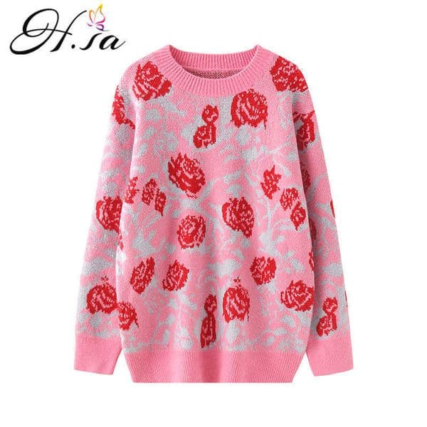 H.SA Women Sweater and Pullovers Oneck Korean Pink Oversized Jumpers Floral Rose Sweaters Knitted Pull Femme Hiver 210716