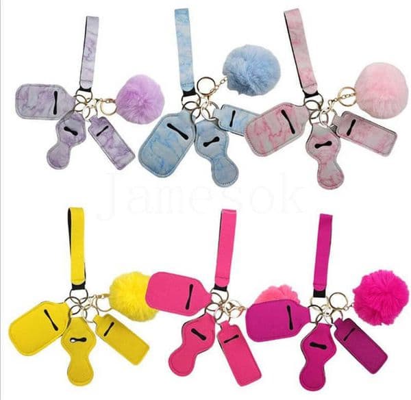 11 Colors 5pcs Defense Keychain Set Pompom Hand Sanitizer Wrist strap Lipstick Keychains Silver Keyring For Woman Men Self-defense Keyrings