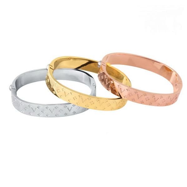 Europe America Fashion Style Men Lady Women Titanium steel Engraved V Initials Flower Single Rivet Nanogram Bangle Bracelet M00252 M00253