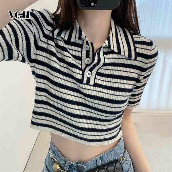 Casual Striped T Shirt For Women Lapel Short Sleeve Vintage Slim Korean Shirts Female Summer Fashion Clothing Stylish 210531