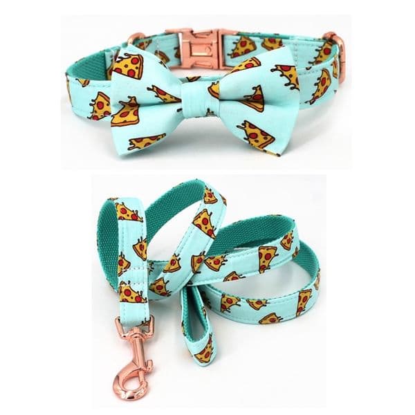 Popular Pizza Pattern dog collar and leash with bow tie for big and small dog cotton fabric collar rose gold metal buckle T200517