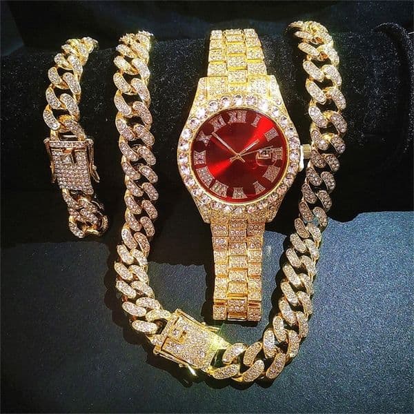 Full Iced Out Watch Mens Cuban Link Chain Bracelet Necklace Choker Bling Jewelry for Men Big Gold Chains Hip Hop Men Watch Set 220810