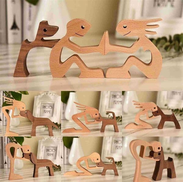 Puppy Family Wood Dog Carving Ornaments Creative Desktop Ornament Sculptures Home Office Decoration Crafts For Dog Pet Lover