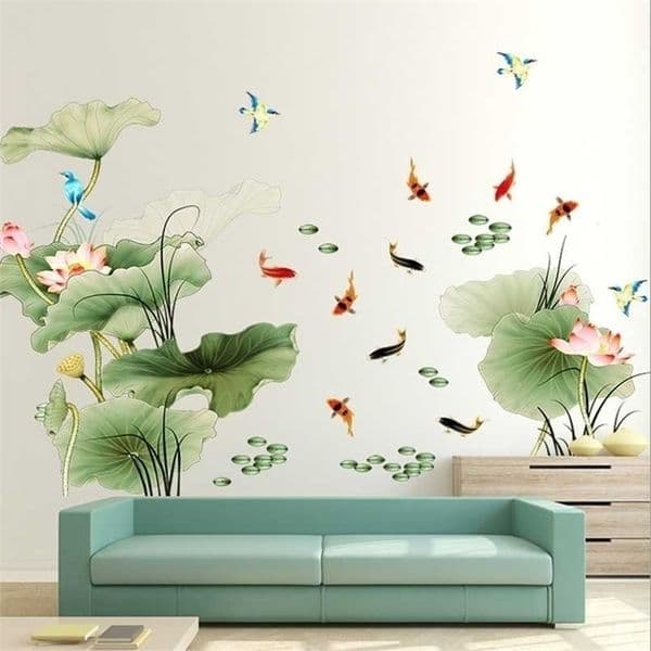 DIY Large Lotus Leaves Flower Fish Living Room Home Decor Vinyl Wall Stickers Bedroom TV Decoration Wallpaper 211217
