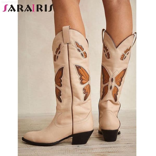 Brand Autumn Winter 2022 Western Mid Calf Boots Women Chunky Heels Butterfly Cowboy Cowgirl Boots Vintage Designer Shoes Woman G220720