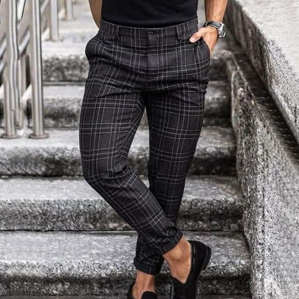 Men's Pants Plaid Check Male Casual Trousers Skinny Stretch Mens Chinos Slim Fit Pant