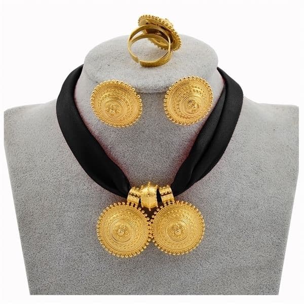 Anniyo DIY Rope Chain Ethiopian Jewelry Set Gold Color Eritrea Ethnic Style Habesha Pendant Earrings Ring #217106 220712