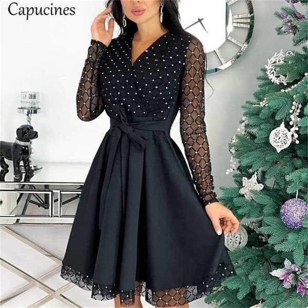 Capucines Shiny Sequin Mesh Stitching Woman Dress Spring Autumn Long Sleeve A Line Belted Ladies Elegant Party Dresses 220406