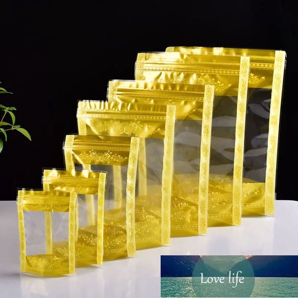 100pcs Gold Print with Clear Window Zip Lock Plastic Bags Snacks Zipper Sealed Kitchen Organiz Food Packaging Pouch Stand-up Bag