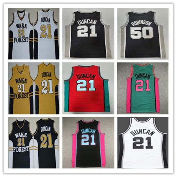 Man Tim 21 Duncan Wake Forest College Basketball Jerseys Stitched Pink Red Green Yellow Black White Vintage David 50 Robinson Jersey Size S-XXL