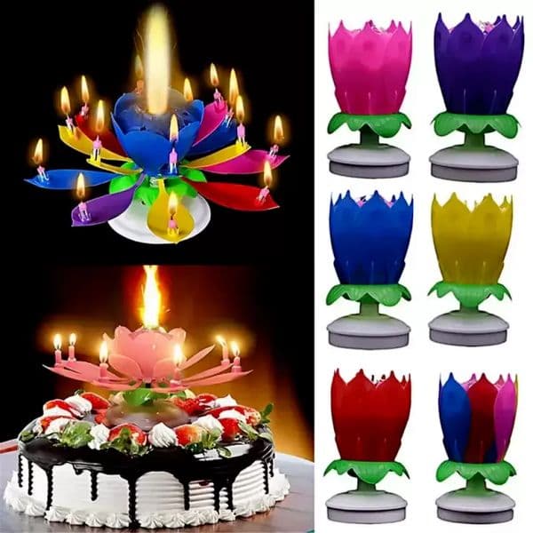 Musical Birthday Candle Birthday cake Topper decoration Lotus Flower Candles Blossom Rotating Spin Party Candle