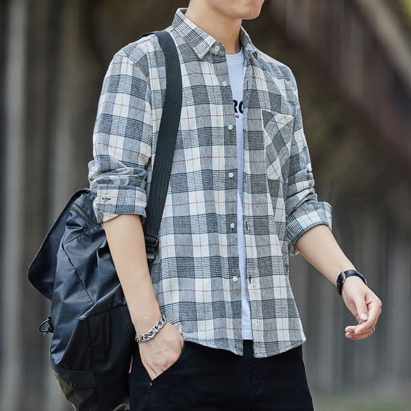 Men's Casual Shirts Long Sleeve Plaid Shirt Men Trend Korean Fashion Ubiquitous Clothes Striped Shirts Single Breasted