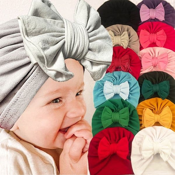 Soft Elastic Baby Hat With Big Bow Autumn Solid Color Baby Girls Turban Hats Bonnet Toddler Kids Headwear Children Beanie Cap