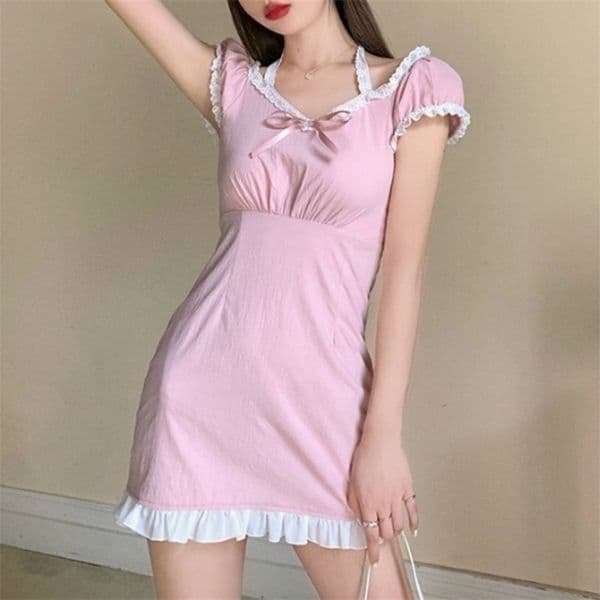 Lace Pink Girls Dress Waist Hugging Slimming French Dress Summer Style Temperament Dress 210303