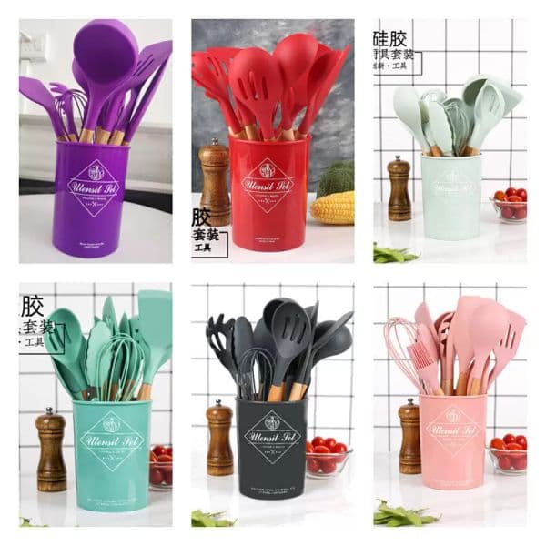 Silicone Kitchen Utensil Set 12 Pieces Cooking with Wooden Handles Holder for Nonstick Cookware Spoon Soup Ladle Slotted Whisk Tongs Brush Pasta Server Sea Ship