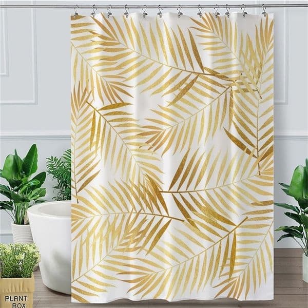 Golden Leaf Shower Curtain Tropical Botanic Waterproof Bathroom with Hooks Modern Palm Leaves Douche Gordijn T200711