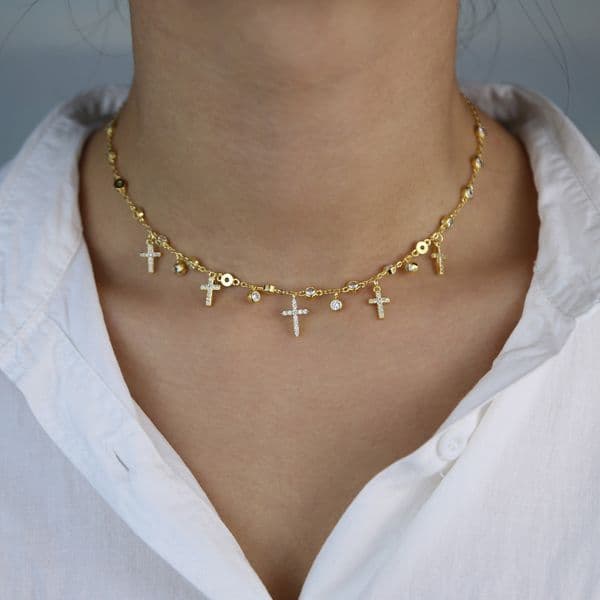 Classic fashion women necklace jewelry 5A cubic zirconia cz station chain cross charm choker necklaces