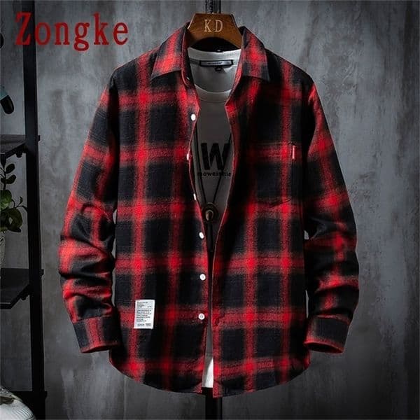 Zongke Casual Shirts For Men Clothing Fashion Long Sleeve Plaid Shirt Men Harajuku Checkered Men Shirt Long Sleeve M-3XL 220401
