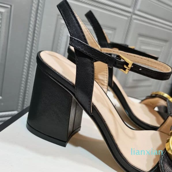 Summer Womens Fashion Ankle Strap High&Flat Heeled Sandals Double G Gold Metal Buckle Ladies Luxury Shoes 34-41